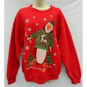 Jerzees NuBlend Christmas Sweatshirt Penguin Wearing Reindeer Sweater Snowflakes